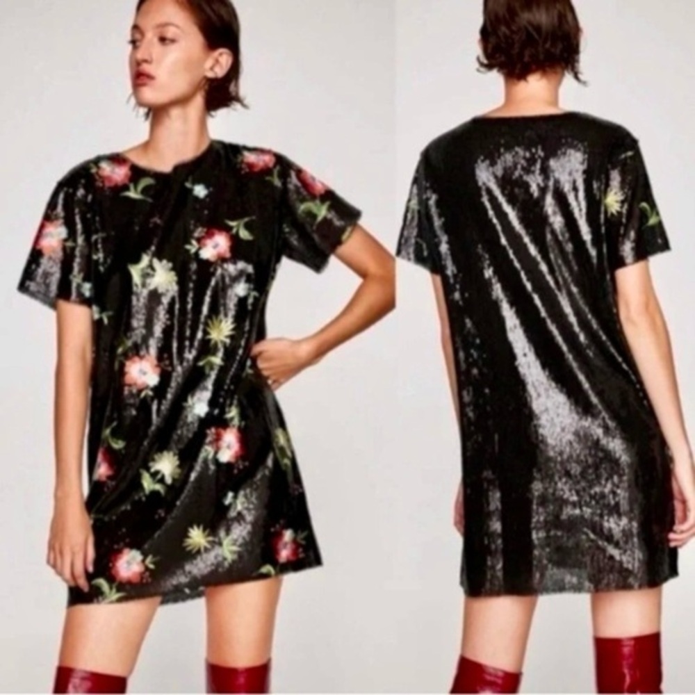 ZARA BLACK SEQUINED SHIFT MINI DRESS MULTICOLORED FLORAL EMBROIDERY WOMEN SIZE M - Picture 2 of 13